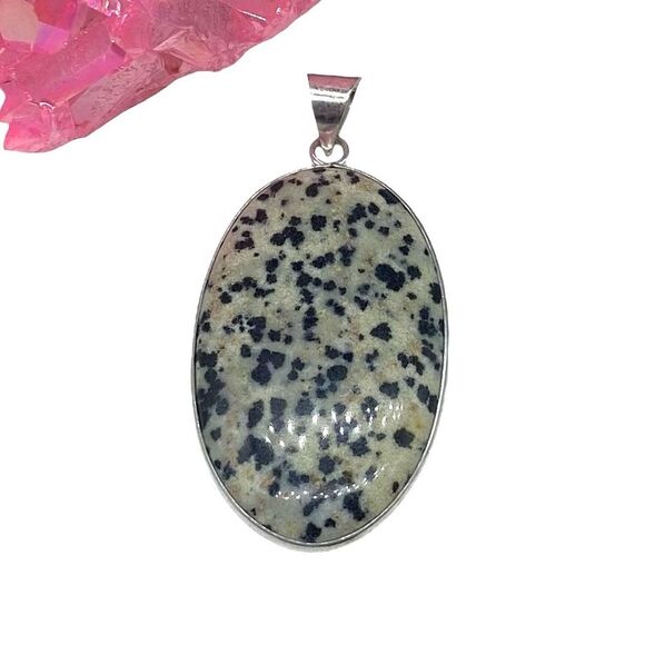 Dalmatian Jasper Necklace Pendant 925 Sterling Silver Overlay Oval Stone - Picture 2 of 3